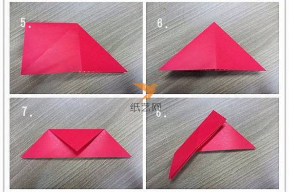 折纸展开再折叠成三角形，三角形一头往下折叠，然后一侧折叠好了